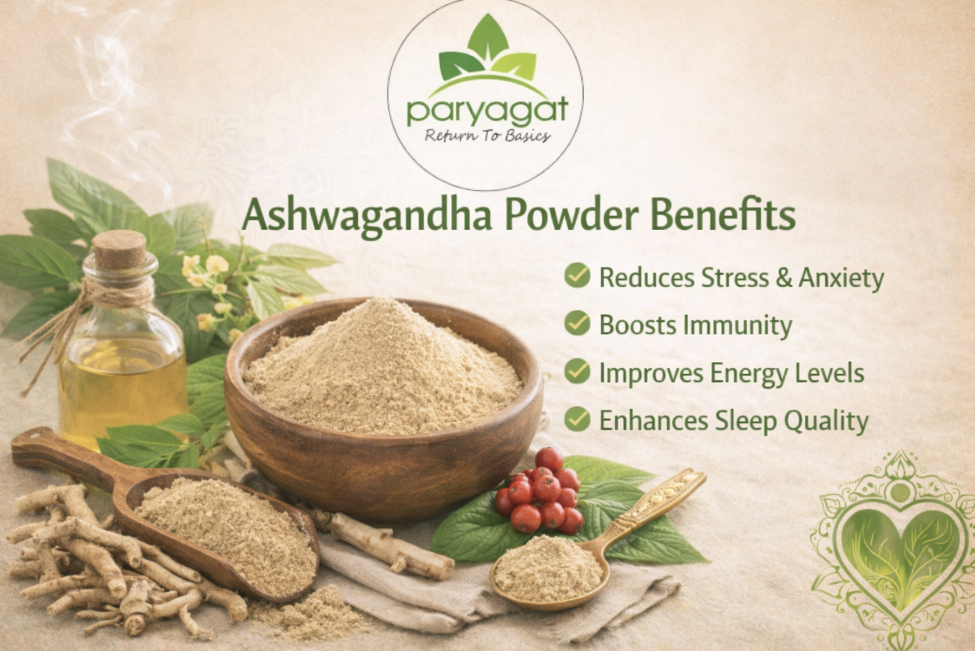 Paryagat Ashwagandha powder benefits image showing a wooden bowl filled with Ashwagandha powder, Ashwagandha roots, herbal oil bottle, and natural leaves, with the Paryagat logo and listed benefits like stress relief, immunity boost, energy improvement, and better sleep quality.